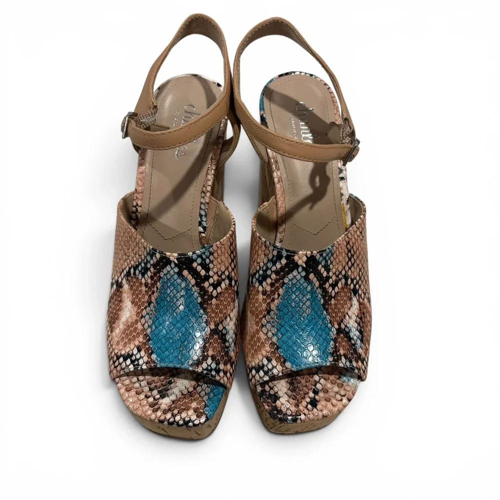 Charles by Charles David Snakeskin  Cork Wedge Sandals Turquoise/Tan Women's 8